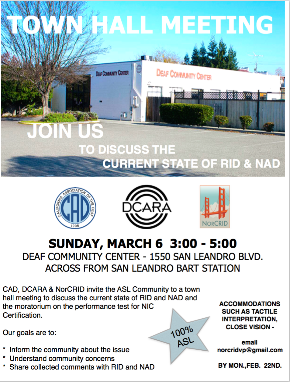 Town Hall Meeting Flyer- image of DCC, logos for NAD, DCARA and NorCRID. All text is also displayed below